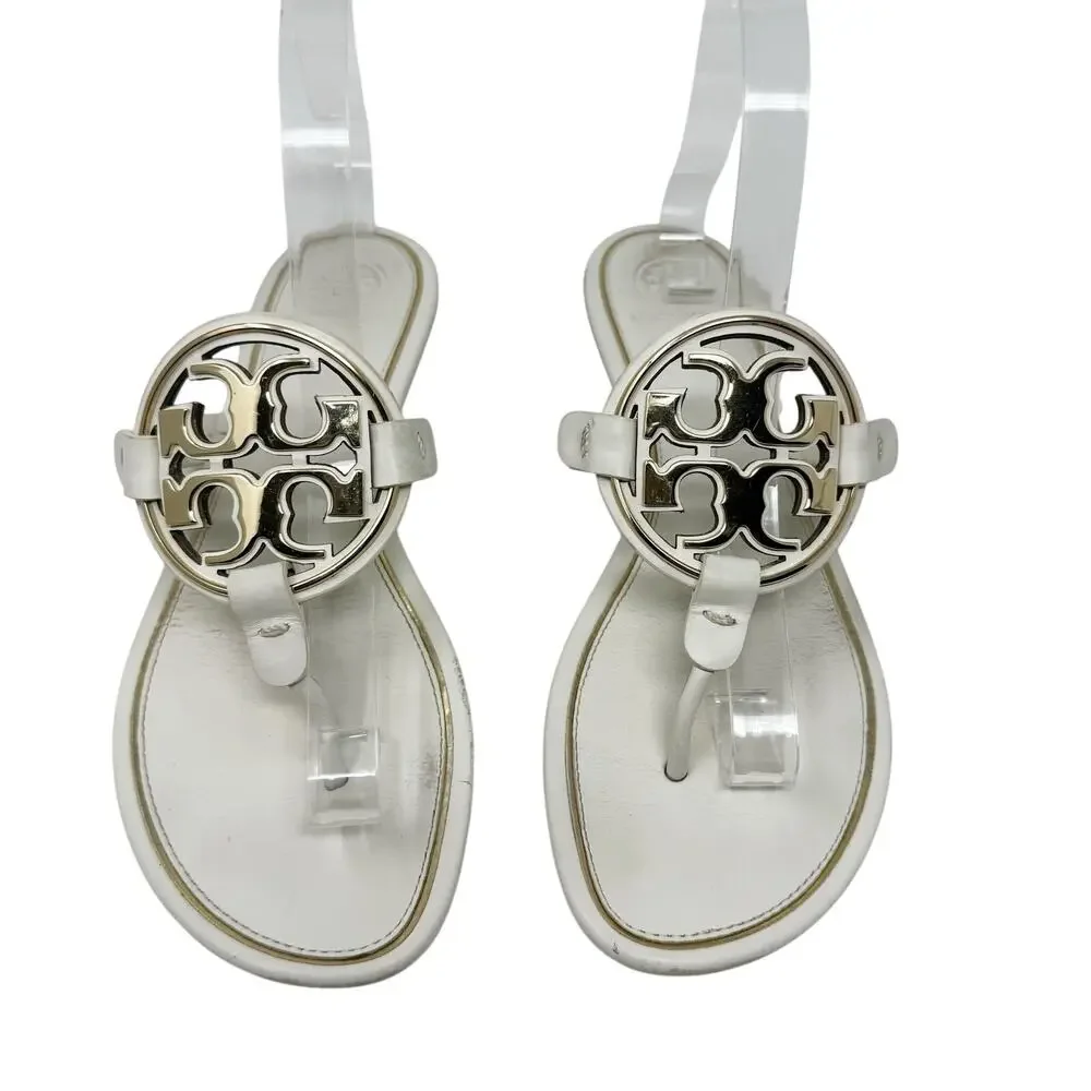 Tory Burch Ivory Benton Thong Slide Sandal Leather Gold Logo Box 9.5